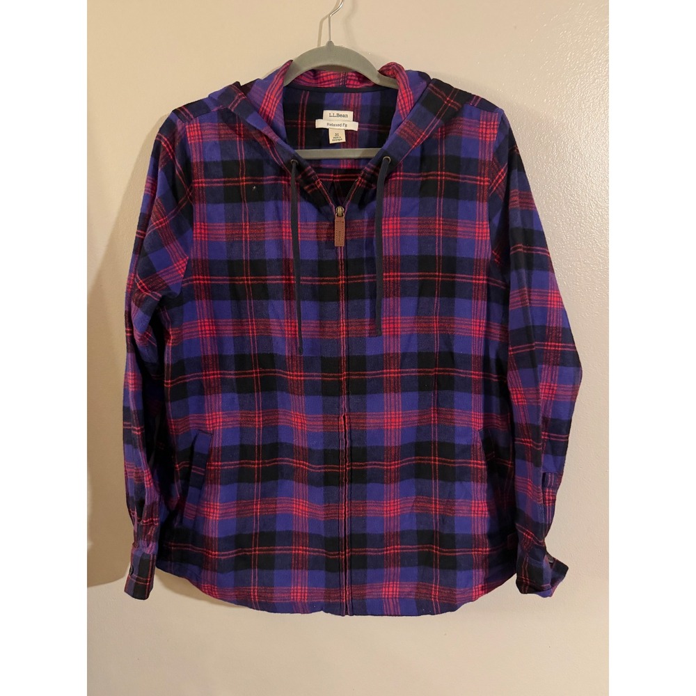 LL Bean Womens M Relaxed Fit Flannel Hooded Full Zip Shirt Plaid Purple 502092